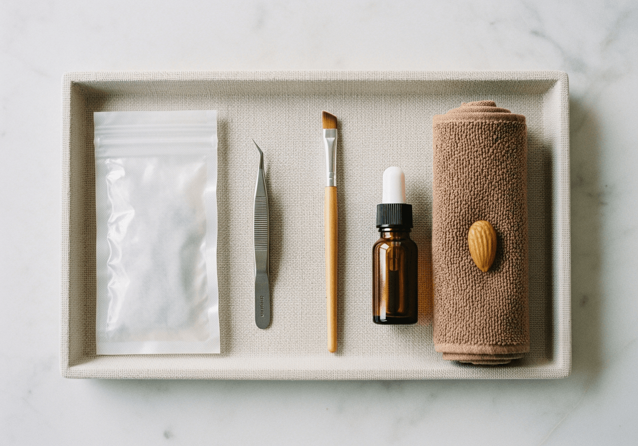 Tools laid out on a linen tray before a session